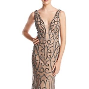 Adrianna Papell Beaded Chainmail Plunge Gown